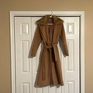 Tan faux fur trench coat